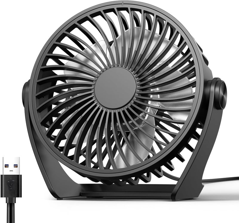Edvision USB Desk Fan, 5 Inch Small Portable, 3 Speeds Powerful Wind Mini Personal Desktop Fan 360° Rotation Adjustable, Plug In USB Fan Quiet for Table Home Office Travel Car(Black) - Image 1